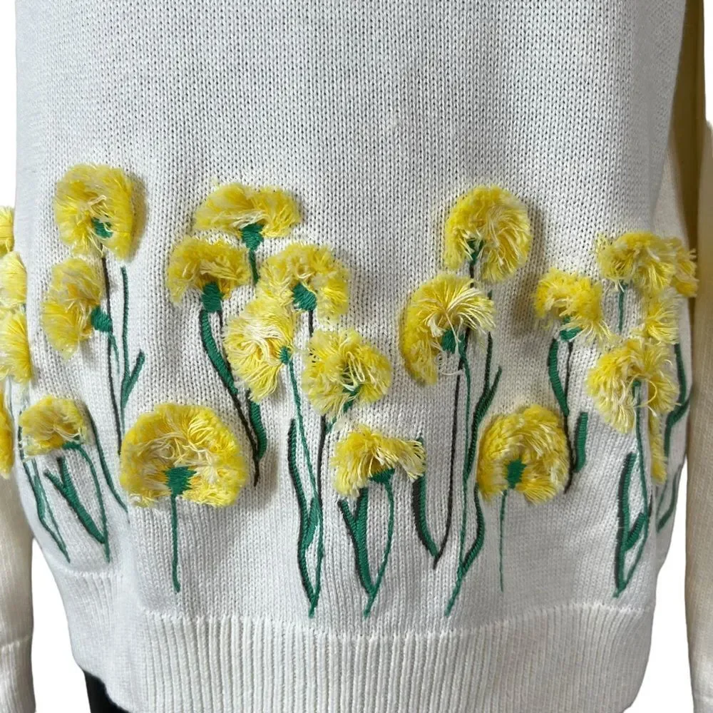Talbots Ivory Yellow Floral Embroidered Sweater